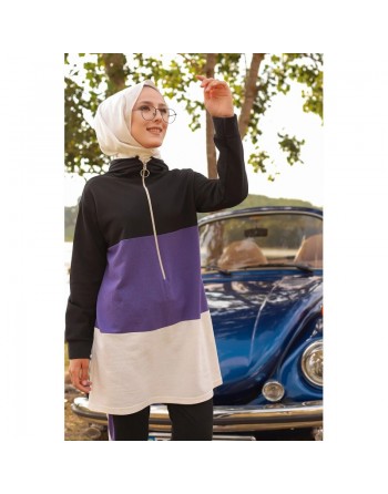 Ensemble survêtement tricolore pour femme : tunique zippée à capuche et pantalon - Couleur noir blanc et Lilas 