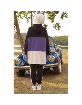 Ensemble survêtement tricolore pour femme : tunique zippée à capuche et pantalon - Couleur noir blanc et Lilas 