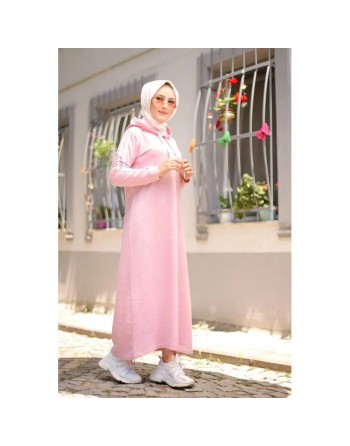 Robe streetwear avec capuche (Vêtements islamiques modernes pour femmes musulmanes) - Couleur rose poudré 
