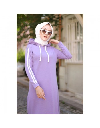 Robe sweat-shirt longue à capuche en coton (Sportswear Modest Fashion) - Couleur lilas 