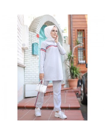 Survêtement avec sweat-shirt à capuche et jogger basique en coton (Hijab Sport pour femme musulmane) - Couleur gris clair 