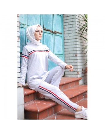 Survêtement avec sweat-shirt à capuche et jogger basique en coton (Hijab Sport pour femme musulmane) - Couleur gris clair 