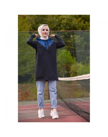 Tunique moderne décontractée et sport avec capuche (Tenue Sportswear Hijab Urban Muslima Wear) - Couleur noir et bleu 