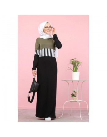 Robe moderne décontractée à capuche pour femme (Modest Fashion) - Couleur noir blanc et kaki 