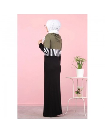 Robe moderne décontractée à capuche pour femme (Modest Fashion) - Couleur noir blanc et kaki 