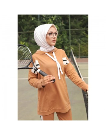 Ensemble survêtement 2 pièces (Haut à capuche et bas et jogger) pour femme voilée - Couleur blanc et Camel 