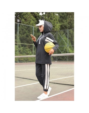 Survêtement Sport 2 pièces (Sportswear pour femme musulmane sportive voilée) - Couleur blanc et Gris foncé 