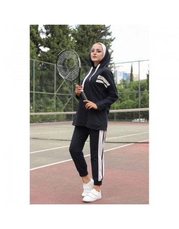 Ensemble survêtement 2 pièces (Vêtement Sport pour femme voilée) - Couleur blanc et Bleu nuit 