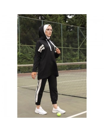 Ensemble survêtement 2 pièces : Sweat à capuche et Jogger - Vetement Sport femme voilée - Couleur blanc et Noir 
