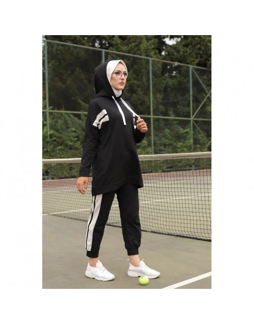 Ensemble survêtement 2 pièces : Sweat à capuche et Jogger - Vetement Sport femme voilée - Couleur blanc et Noir 