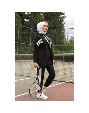 Ensemble survêtement 2 pièces : Sweat à capuche et Jogger - Vetement Sport femme voilée - Couleur blanc et Noir 