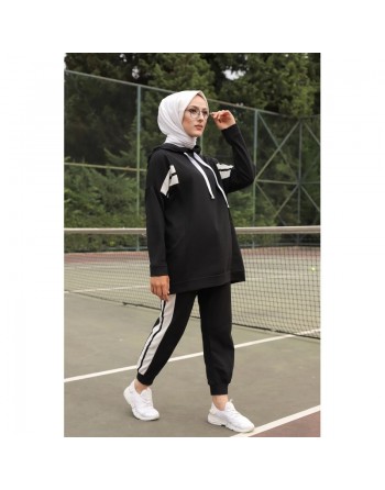 Ensemble survêtement 2 pièces : Sweat à capuche et Jogger - Vetement Sport femme voilée - Couleur blanc et Noir 