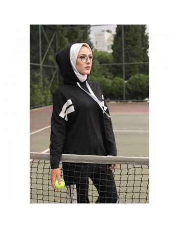 Ensemble survêtement 2 pièces : Sweat à capuche et Jogger - Vetement Sport femme voilée - Couleur blanc et Noir 
