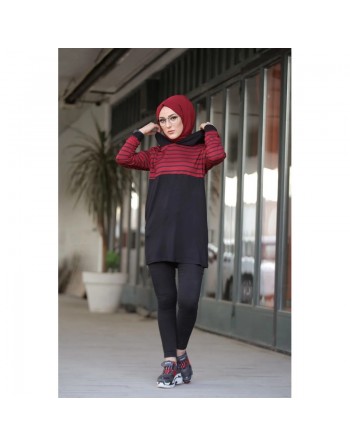 Tunique sportswear à rayures rouge bordeaux et noir pour femme (Modest Fashion) 