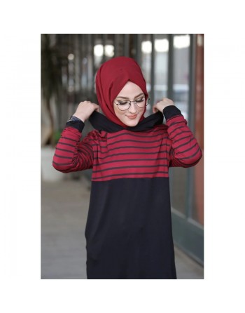Tunique sportswear à rayures rouge bordeaux et noir pour femme (Modest Fashion) 