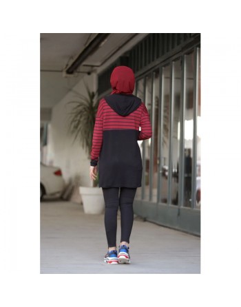 Tunique sportswear à rayures rouge bordeaux et noir pour femme (Modest Fashion) 