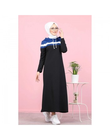 Robe décontractée à capuche de type sportwear - Vêtement Hidjab pour femme musulmane - Couleur noir, blanc et bleu indigo 