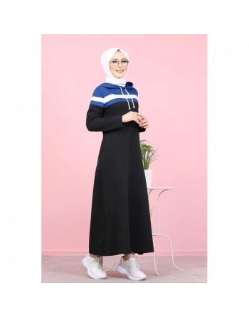 Robe décontractée à capuche de type sportwear - Vêtement Hidjab pour femme musulmane - Couleur noir, blanc et bleu indigo 