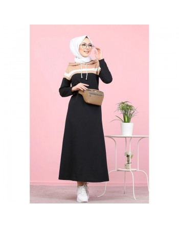 Robe décontractée à capuche style sportswear - Tenue Hijab moderne pour femme musulmane - Couleur noir blanc et nude 