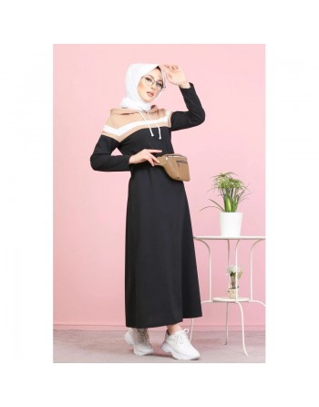 Robe décontractée à capuche style sportswear - Tenue Hijab moderne pour femme musulmane - Couleur noir blanc et nude 