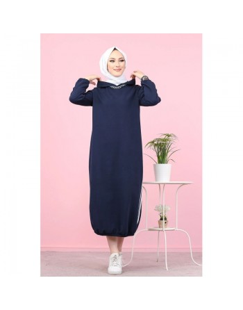 Robe longue à capuche style sweat shirt (Hijab sport pour femme musulmane) - Couleur bleu marine 