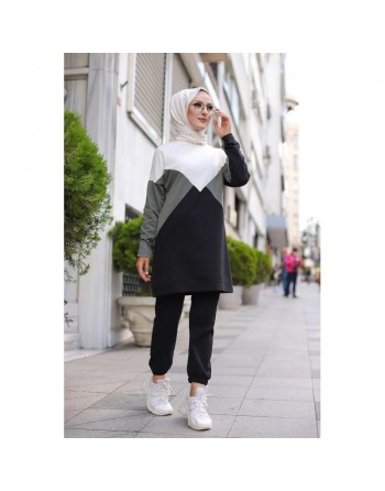 Ensemble de sport deux pièces (Pantalon jogger et Tunique) pour femme voilée - Survêtement à 3 couleurs : kaki, noir et... 