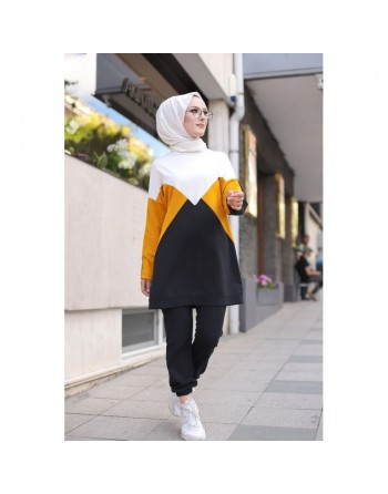 Ensemble décontracté hijab moderne deux pièces pour femme musulmane - Survêtement à 3 couleurs : moutarde, noir et blanc 