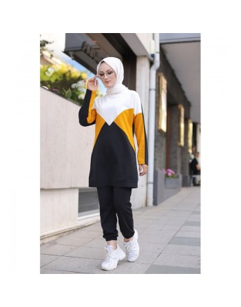 Ensemble décontracté hijab moderne deux pièces pour femme musulmane - Survêtement à 3 couleurs : moutarde, noir et blanc 