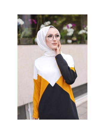 Ensemble décontracté hijab moderne deux pièces pour femme musulmane - Survêtement à 3 couleurs : moutarde, noir et blanc 