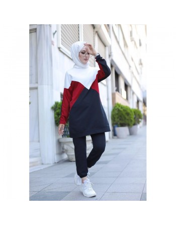 Tenue décontractée deux pièces (Pantalon et Tunique) pour femme voilée - Vetement à 3 couleurs : noir, rouge et blanc 