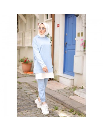 Ensemble décontracté et tenue de sport 2 pièces (Mode islamique pour femme) - Couleur Bleu ciel et blanc 