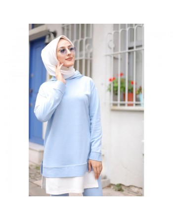 Ensemble décontracté et tenue de sport 2 pièces (Mode islamique pour femme) - Couleur Bleu ciel et blanc 