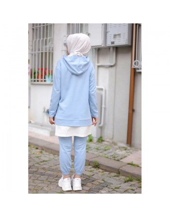 Ensemble décontracté et tenue de sport 2 pièces (Mode islamique pour femme) - Couleur Bleu ciel et blanc 