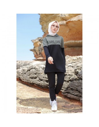 Survêtement hijab sport à capuche pour femme musulmane - Ensemble 2 pièces Sportswear - Couleur noir et kaki 