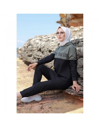Survêtement hijab sport à capuche pour femme musulmane - Ensemble 2 pièces Sportswear - Couleur noir et kaki 