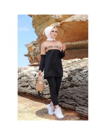 Survêtement hijab sport à capuche pour femme musulmane - Ensemble 2 pièces (Ootd) - Couleur noir et Beige 