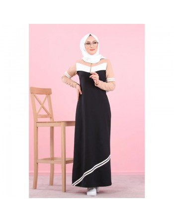 Robe sweat-shirt longue pour femme musulmane - Vetement Modest Fashion (Mode islamique) - Couleur noir et beige 