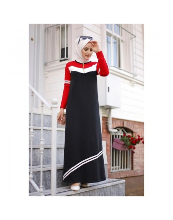 Robe sweat-shirt longue pour femme (Vetement musulmane hijab moderne - Grande taille disponible) - Couleur rouge et noire 