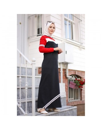 Robe sweat-shirt longue pour femme (Vetement musulmane hijab moderne - Grande taille disponible) - Couleur rouge et noire 
