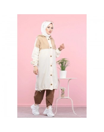 Veste longue bicolore à capuche (Mode islamique) - Couleur blanc et Beige 