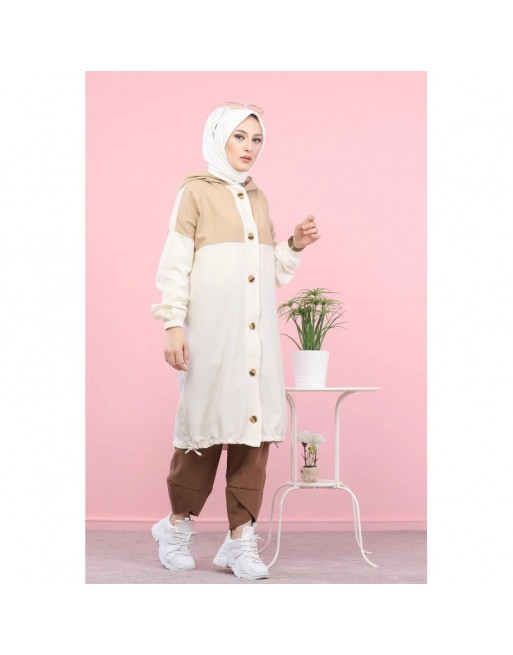 Veste longue bicolore à capuche (Mode islamique) - Couleur blanc et Beige Veste longue bicolore à capuche (Mode islamique) - Couleur blanc et Beige