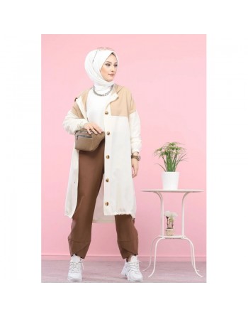 Veste longue bicolore à capuche (Mode islamique) - Couleur blanc et Beige 