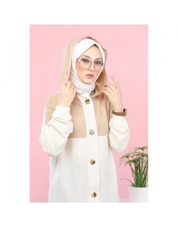 Veste longue bicolore à capuche (Mode islamique) - Couleur blanc et Beige 