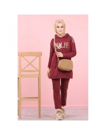 Survêtement femme motif panthère Tunique à capuche et Pantalon imprimé "Jolie" doré (Hijab Sport) - Couleur bordeaux Foncé 