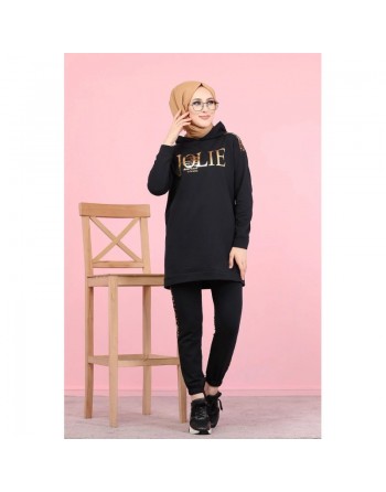 Ensemble sportswear femme motif panthère Tunique à capuche et Pantalon (Hijab Sportswear) - Couleur noir 