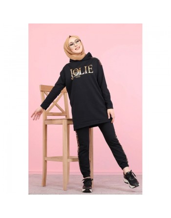 Ensemble sportswear femme motif panthère Tunique à capuche et Pantalon (Hijab Sportswear) - Couleur noir 