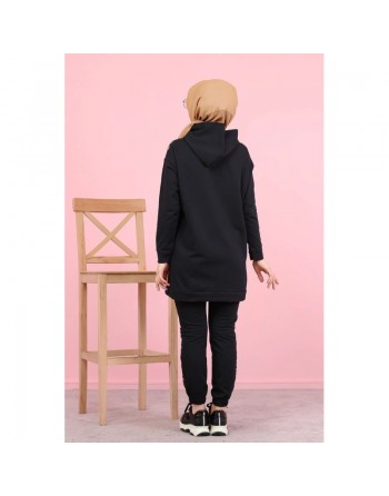 Ensemble sportswear femme motif panthère Tunique à capuche et Pantalon (Hijab Sportswear) - Couleur noir 