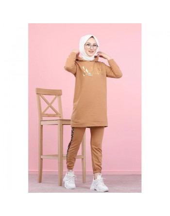Ensemble Tunique à capuche et Pantalon motifs panthère et imprimé "Jolie" doré (Vetement Sport femme voilée) - Couleur... 