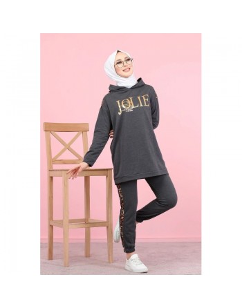 Ensemble sportswear femme motif panthère Tunique à capuche et Pantalon (Hijab Sport) - Couleur anthracite 