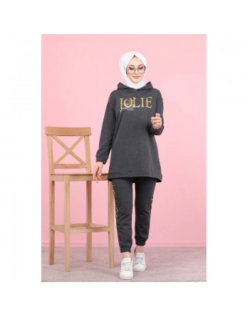 Ensemble sportswear femme motif panthère Tunique à capuche et Pantalon (Hijab Sport) - Couleur anthracite 